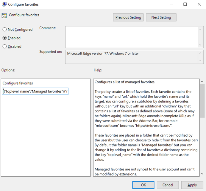 Use gpedit to enable and configure "Configure favorites" policy.