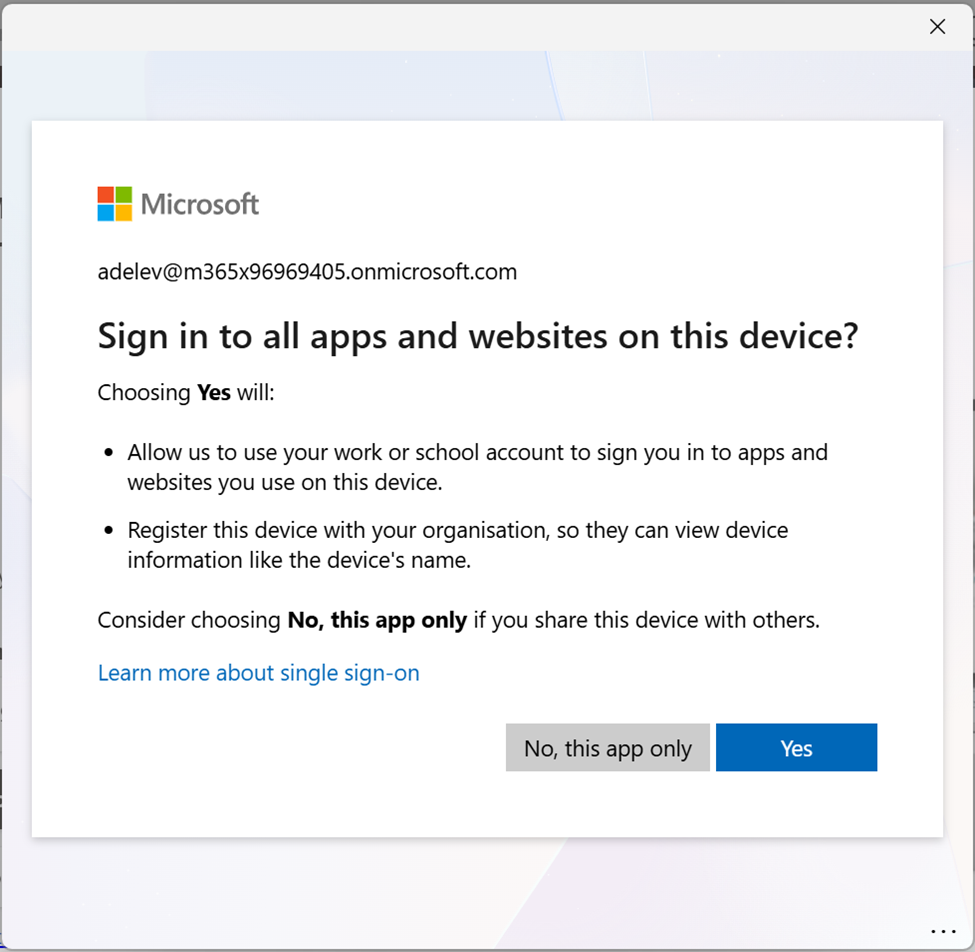 Screenshot that shows the SSO and device registration consent prompt