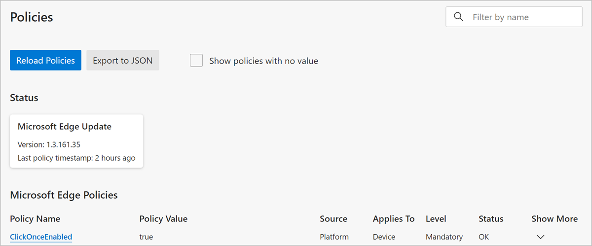 Policies page for signed in user