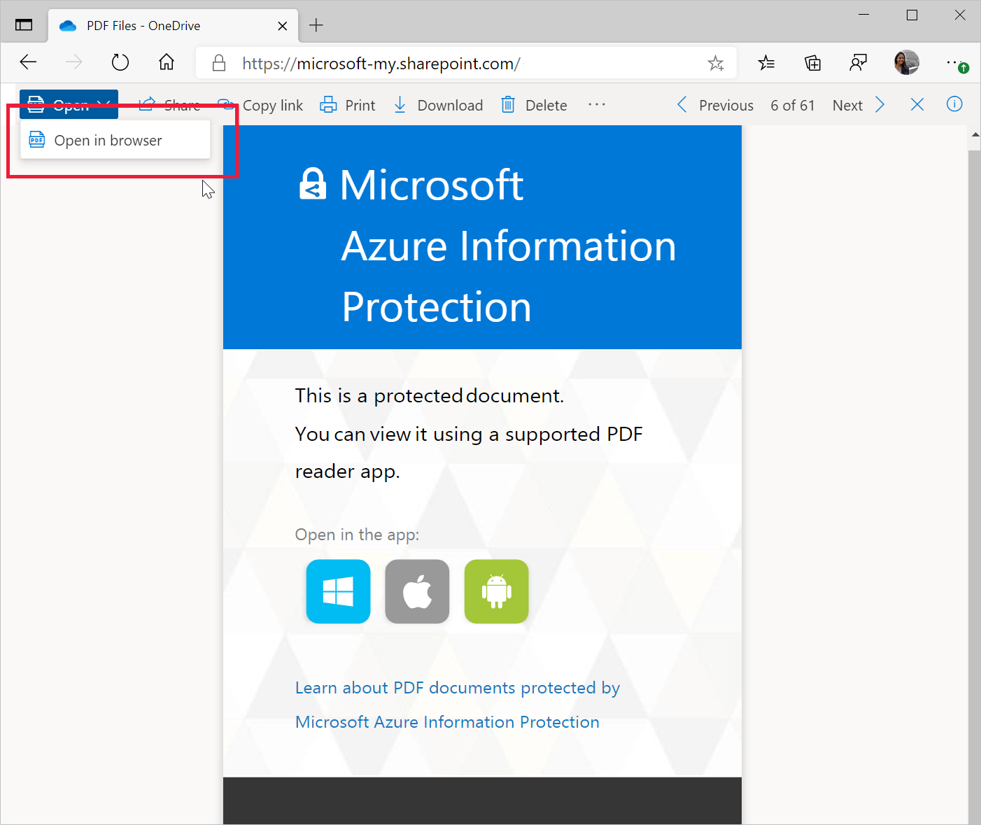 Приглашение сохранить страницу PDF SharePoint PDF, защищенную MIP