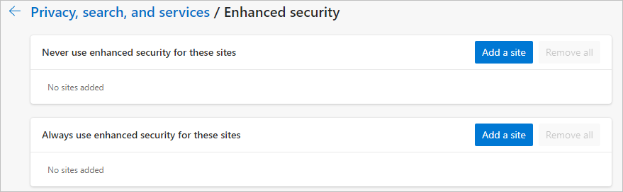 Settings page for configuring security exceptions