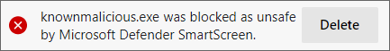 Microsoft Defender SmartScreen block notification for file with malicious reputation