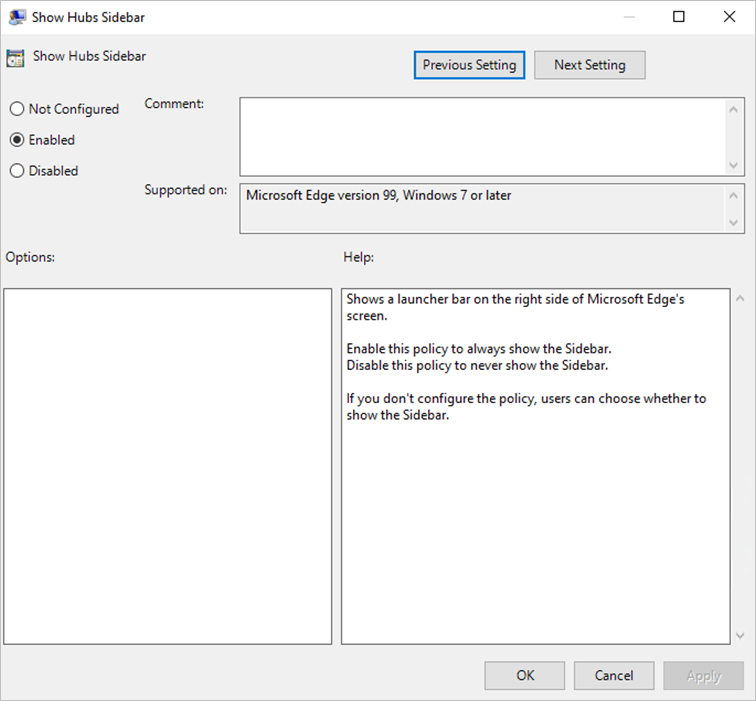 Use the group policy editor to enable the sidebar