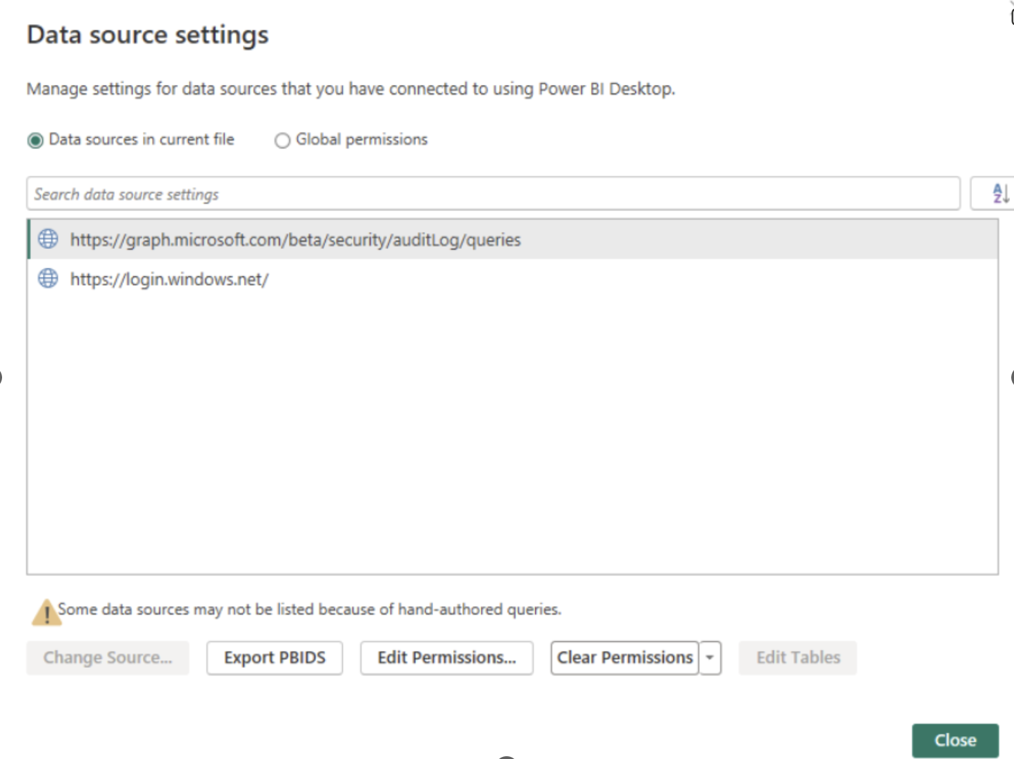 Screenshot showing Power BI data source settings