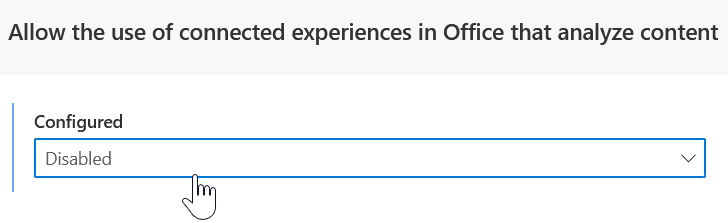 A screenshot of the drop-down box to enable or disable the use of connected experiences in Office that analyze content.