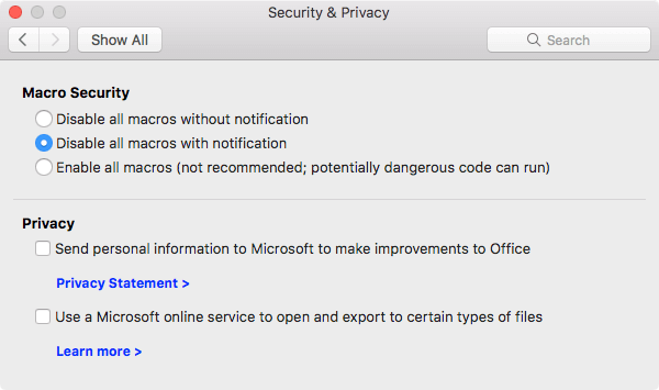 Shows the macro security options for Security & Privacy.