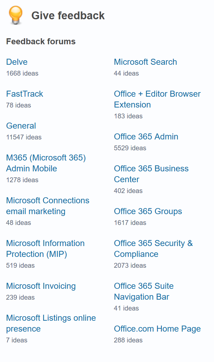 Screenshot of Feedback forums list.