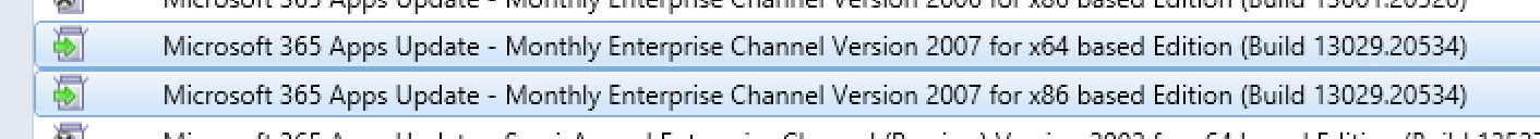 Screenshot from Configuration Manager showing two Microsoft 365 Apps Updates from Monthly Enterprise Channel.