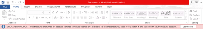Word document screen with a red bar indicating the product is unlicensed and most features are turned off.