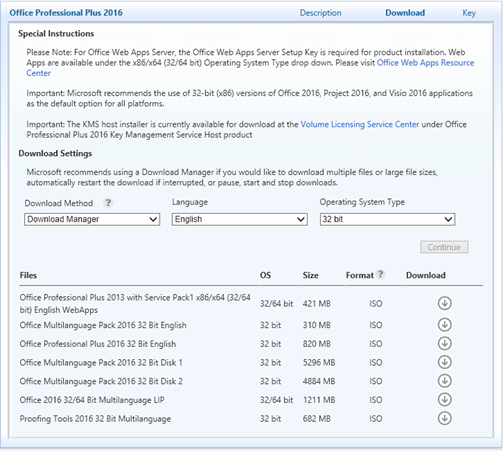Screenshot of the Office Professional Plus 2016 download page, showing special instructions and download settings for various Office installation files.