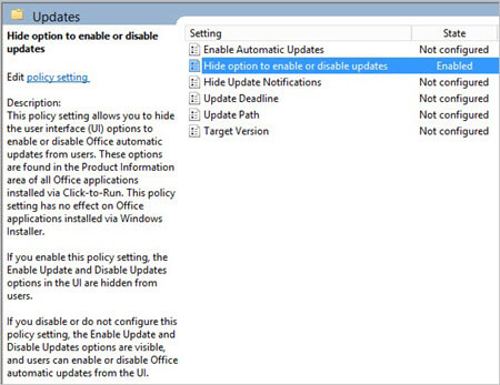 Screenshot of Group Policy settings for managing Office updates, showing various options with 'Hide option to enable or disable updates' enabled.