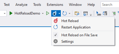 Visual Studio 2022: Hot Reload menu item with expanded options.