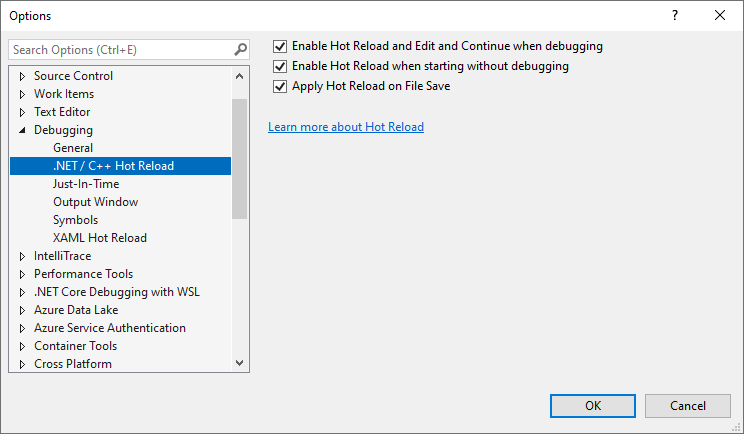 Visual Studio 2022: Hot Reload configuration options from the "Tools > Options > Debugging > .NET/C++ Hot Reload" dialog.