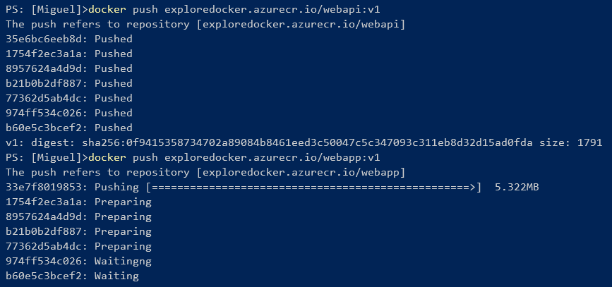 Console output from the docker push command.