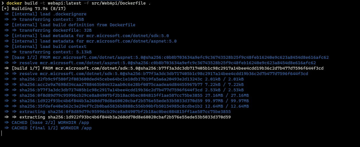 Screenshot showing the console output of the docker-compose build command.