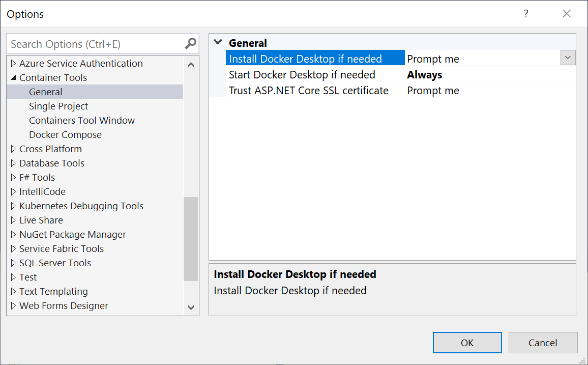Visual Studio Docker tools options, showing three pages: General, Single Project and Docker Compose, details in the article text.