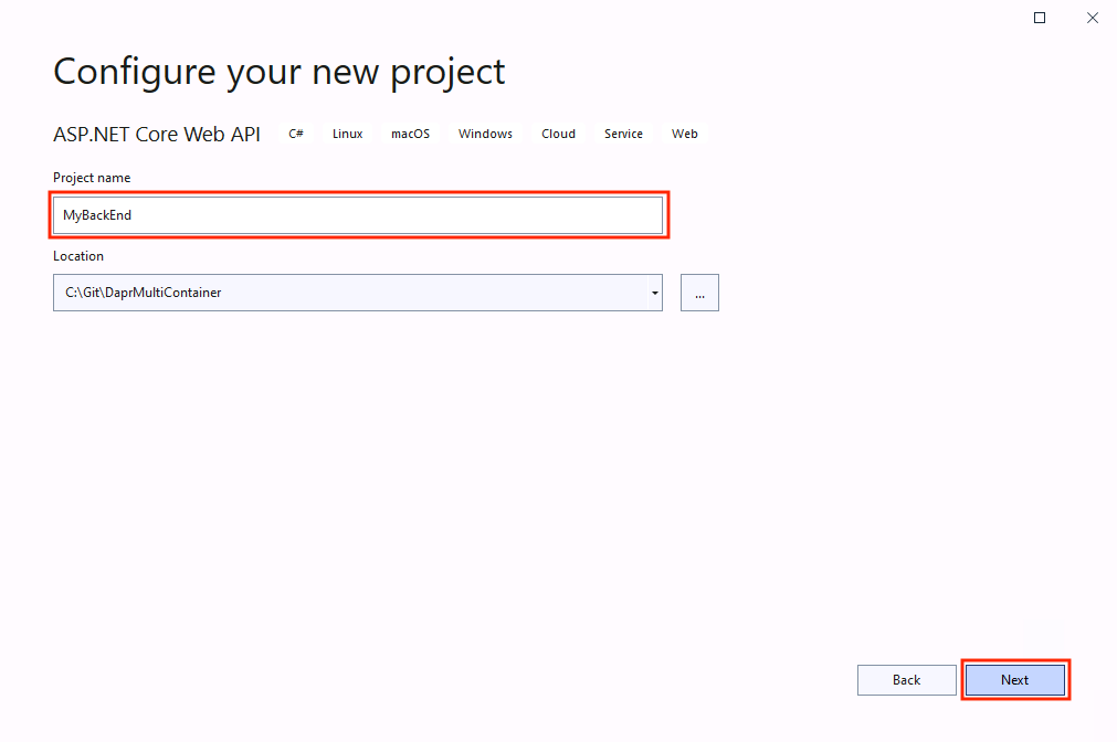 Screenshot of configuring your new Web Api project