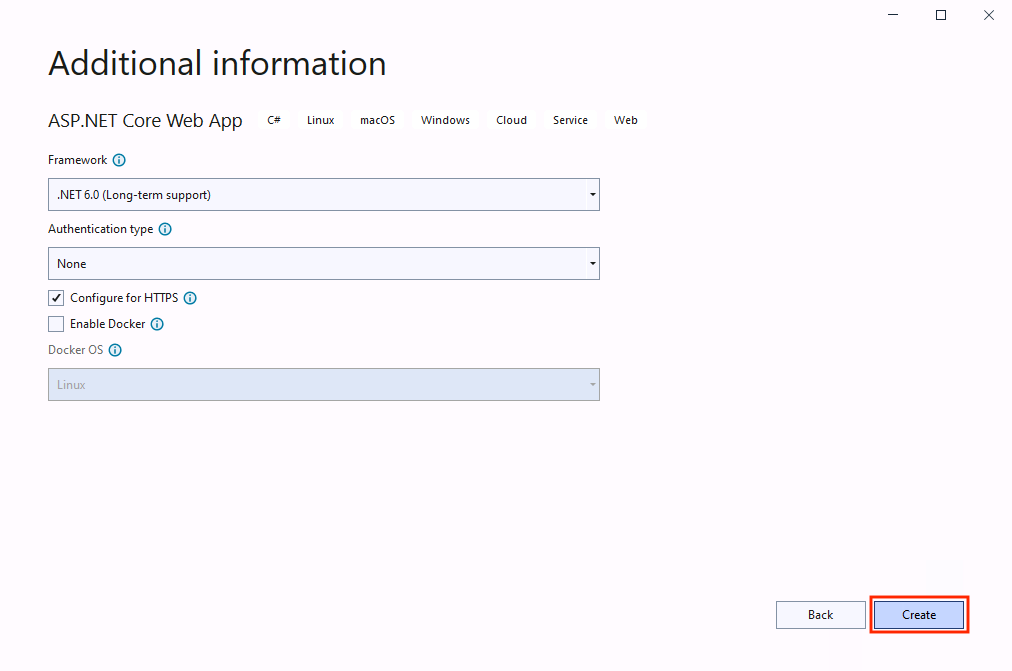 Screenshot of additional information for your new Web App project
