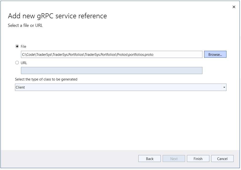 Add new gRPC service reference dialog box in Visual Studio 2022