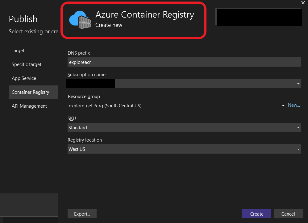 Screenshot of Create App Service dialog showing a Container Registry.