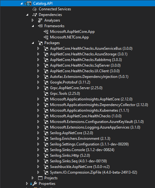 Screenshot of VS showing the NuGet dependencies of Catalog.Api.