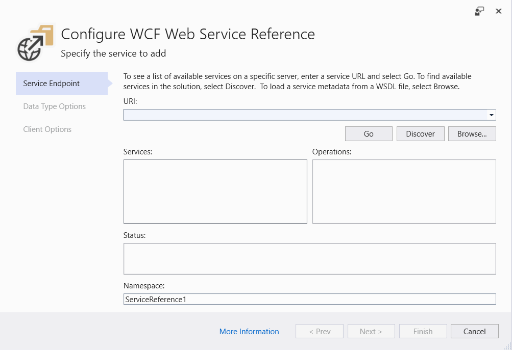 Screenshot of the Configure WCF Web Service Reference window