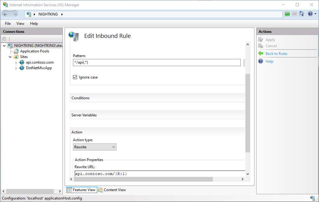 IIS Manager showing URL Rewrite rule to route subfolder requests to separate web site