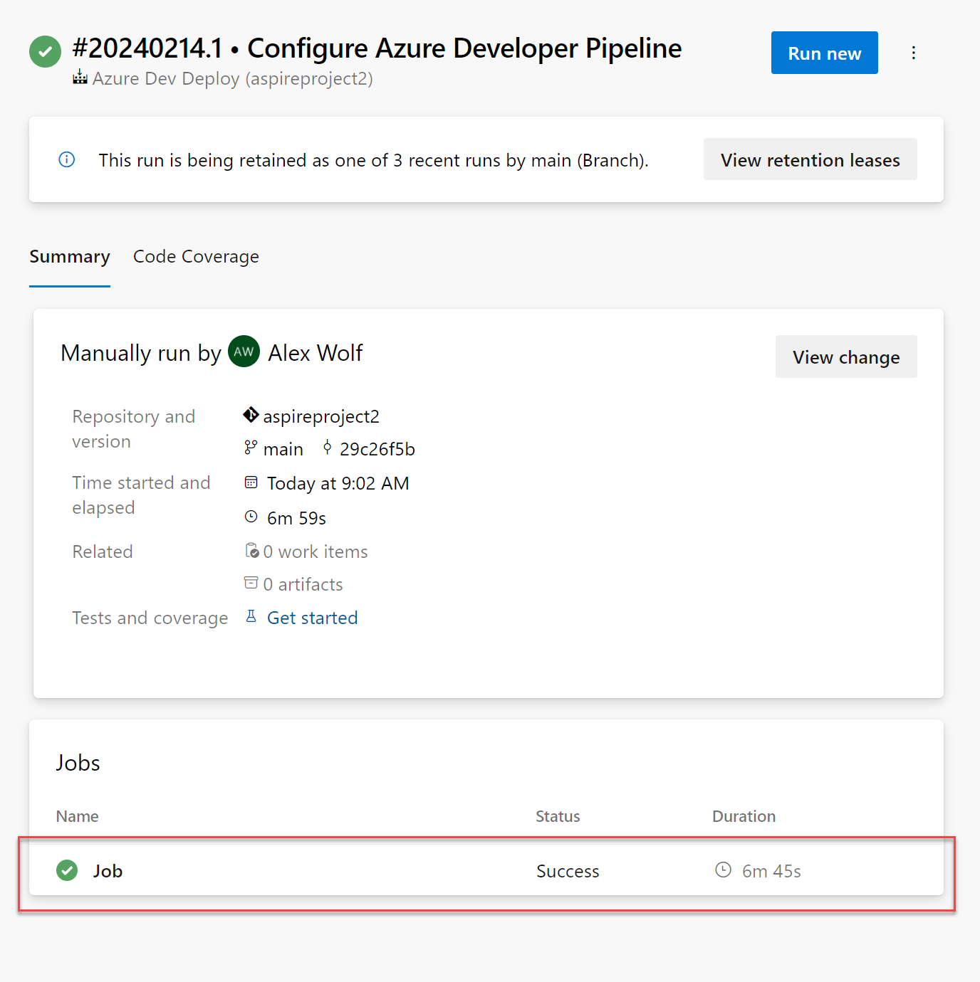 A screenshot showing the summary view of the Azure Pipelines run.