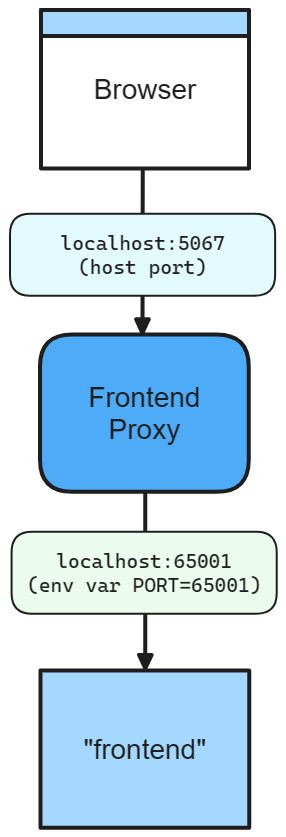 .NET Aspire frontend app networking diagram with specific host port and environment variable port.