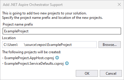 A screenshot showing the Visual Studio add .NET Aspire orchestration summary.