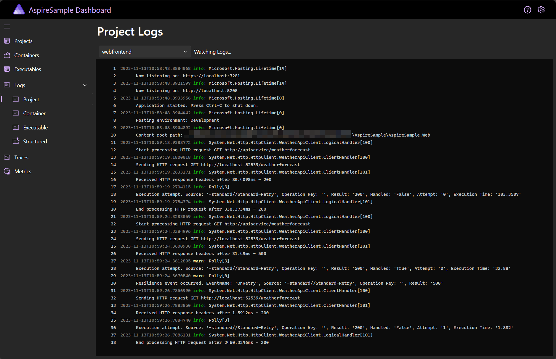 A screenshot of the .NET Aspire dashboard Project logs page, showing logs from the webfrontend project.