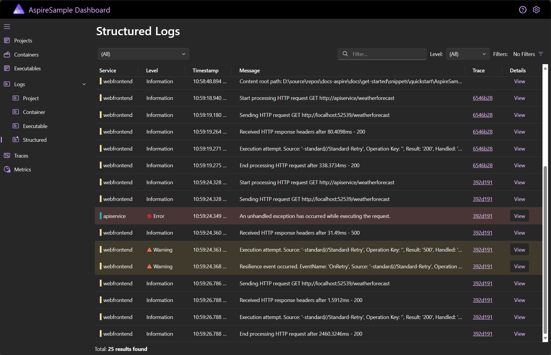 A screenshot of the .NET Aspire dashboard Structured logs page, showing a filter applied to show only the logs relevant to the trace.
