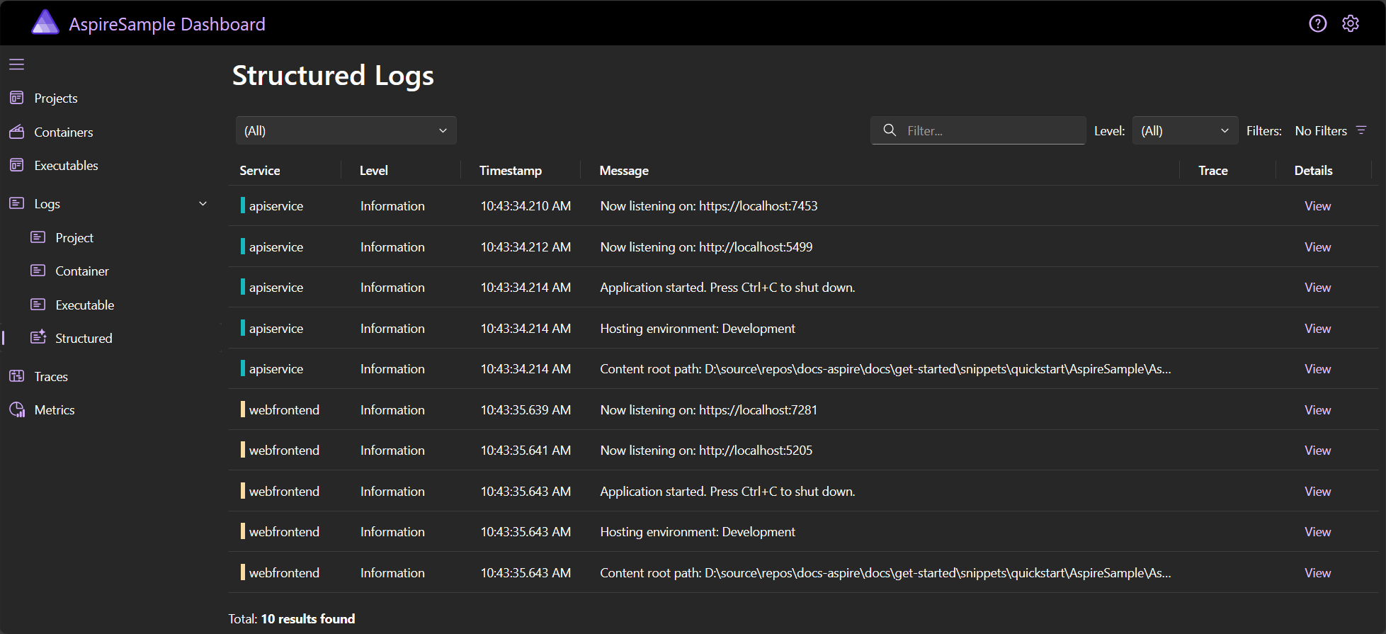 A screenshot of the .NET Aspire dashboard Semantic logs page.