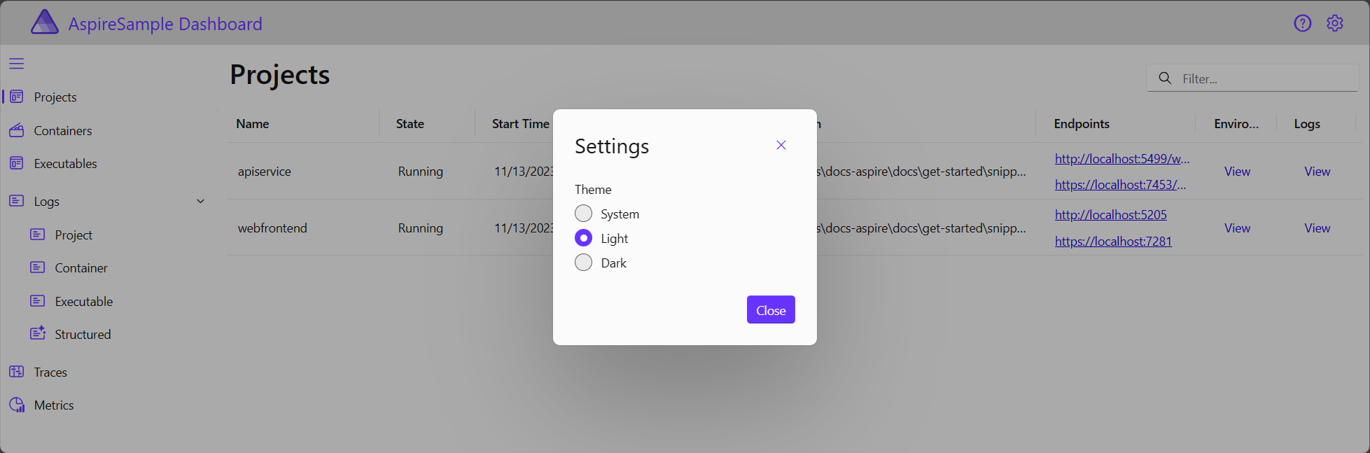 The .NET Aspire dashboard Settings dialog, showing the Light theme selection.