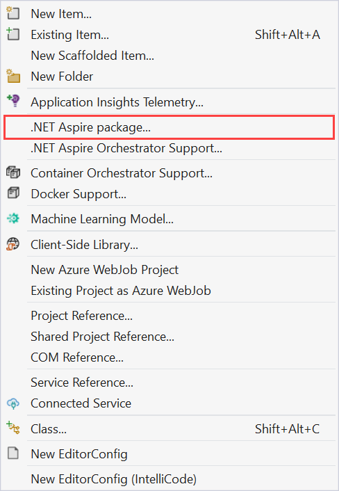 The Visual Studio context menu displaying the Add .NET Aspire Component option.