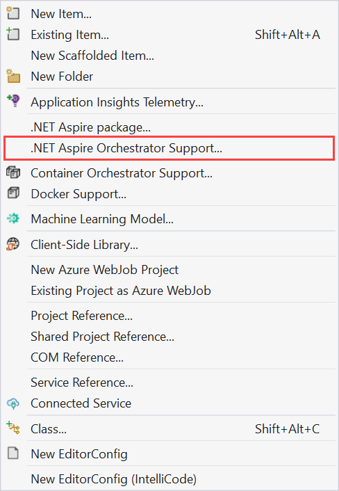 The Visual Studio context menu displaying the Add .NET Aspire Orchestrator Support option.