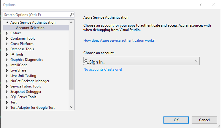 Screenshot of the Visual Studio Options Dialog showing the Azure Login
