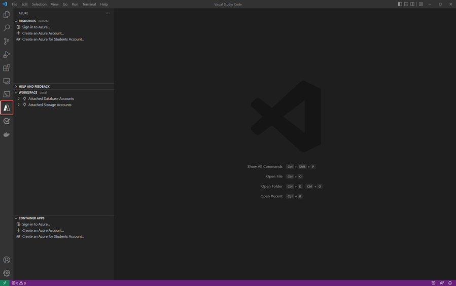 A screenshot of Visual Studio Code showing how to sign-in to the Azure tools.