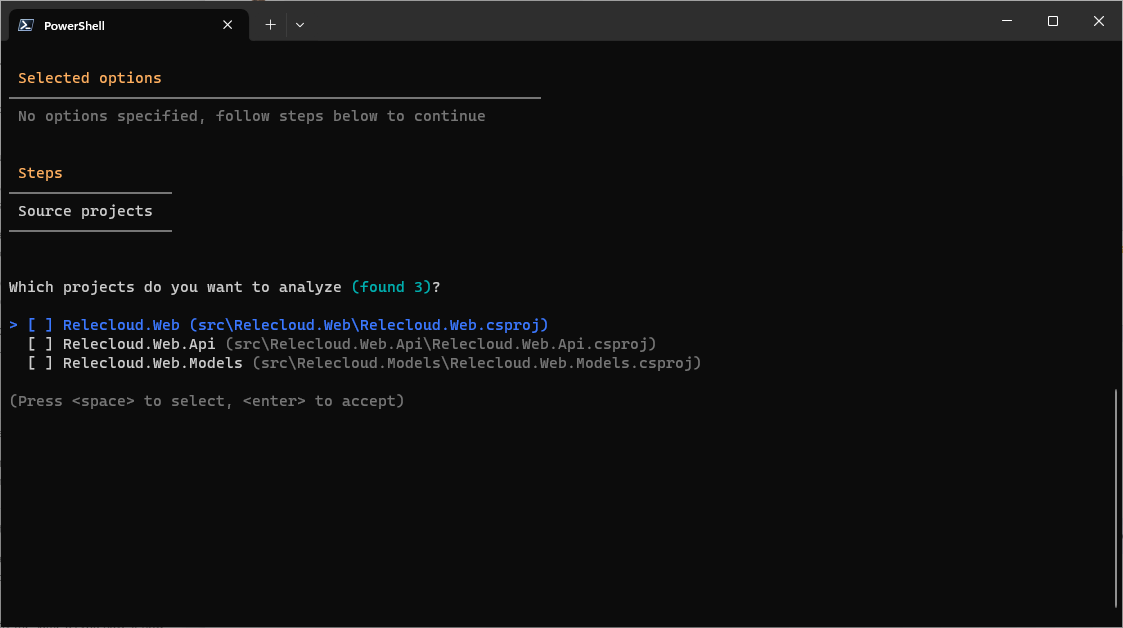 A screenshot of the CLI tool's project selection