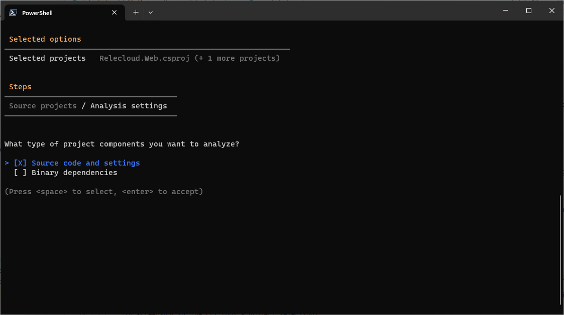 Screenshot of the CLI dependency selection screen