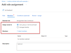 A screenshot showing the radio button to select to assign a role to an Azure AD group and the link used to select the group to assign the role to.