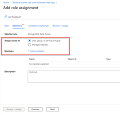 A screenshot showing the radio button to select to assign a role to an Azure AD group and the link used to select the group to assign the role to.