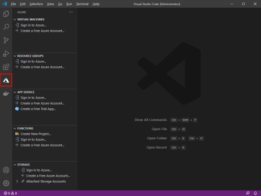 Screenshot of the Visual Studio Code showing how to sign-in the Azure tools to Azure.