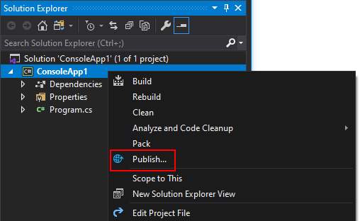 Solution Explorer with a right-click menu highlighting the Publish option.