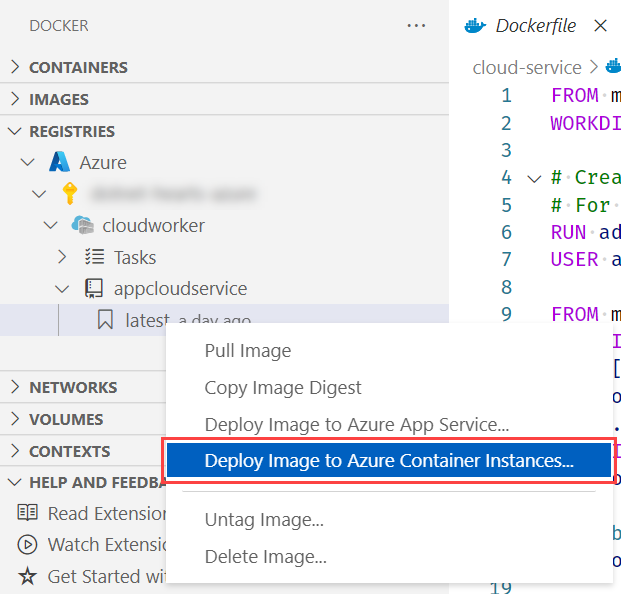 Visual Studio Code - Docker: Deploy image to Azure Container Instances