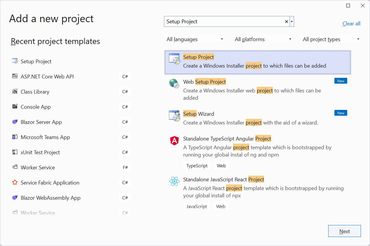 Add new project dialog: New Setup Project.