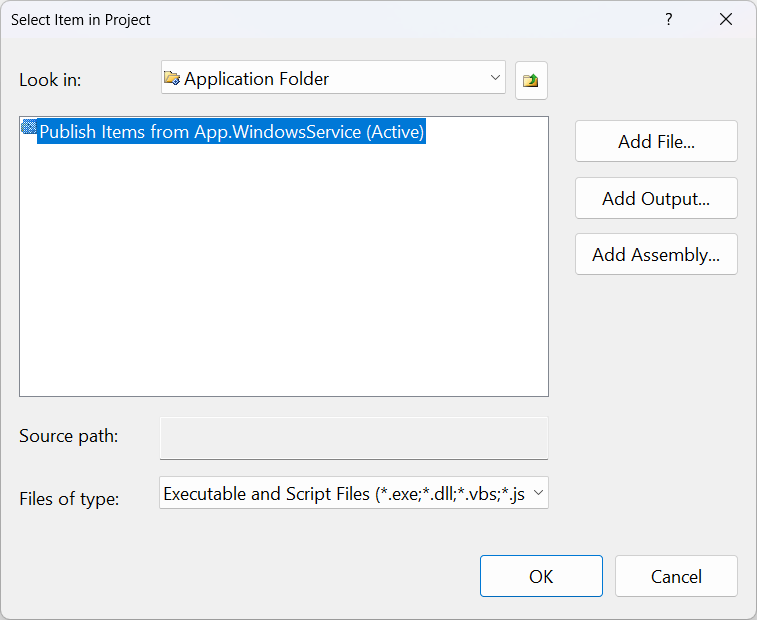 Custom Actions properties dialog: select item app folder.