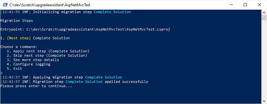 .NET Upgrade Assistant completing the solution