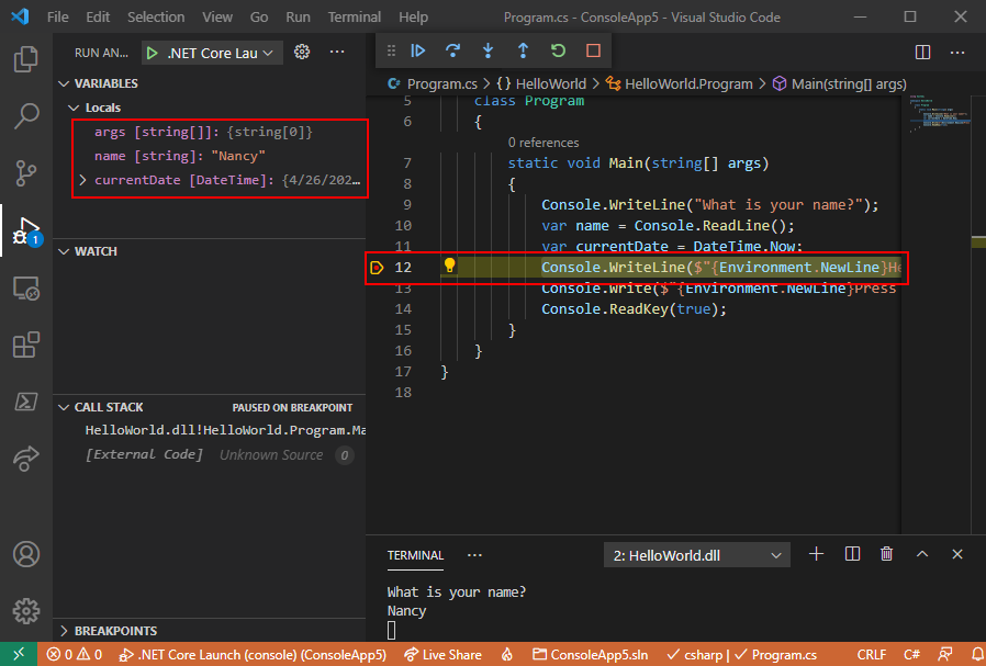 Debug a .NET console application using Visual Studio Code - .NET |  Microsoft Learn