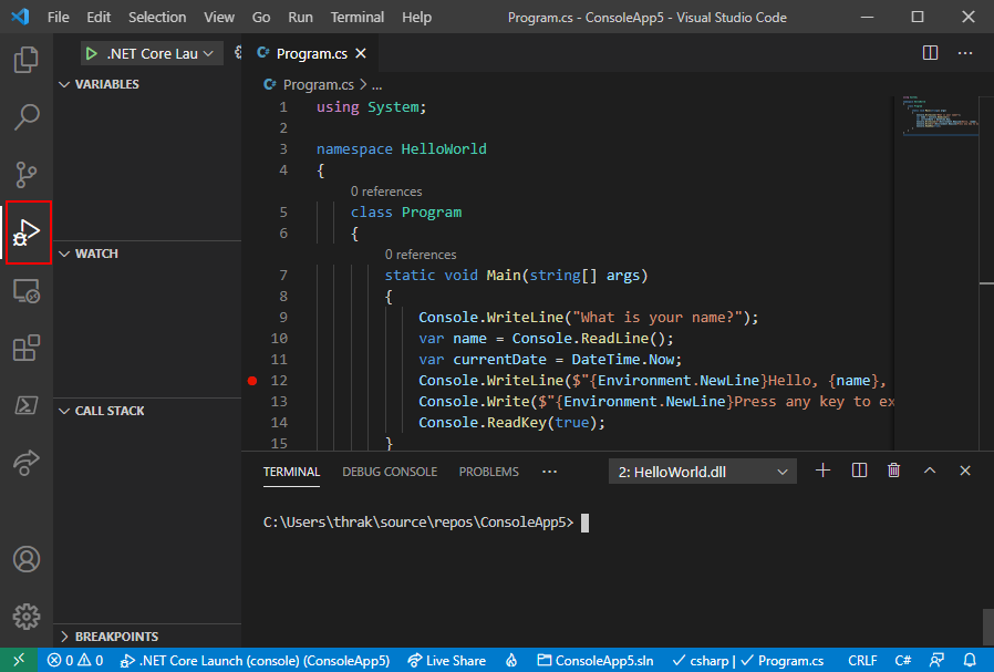 Debug a .NET console application using Visual Studio Code - .NET |  Microsoft Learn
